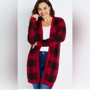 Maurices Buffalo Plaid Duster Cardigan Red Sweater Women’s Size Medium